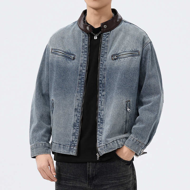 Mens Fashion Denim Jacket - Stand Leather Collar Denim Jacket Men