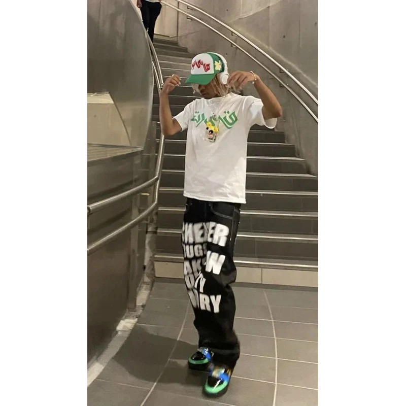 Y2K Jeans Hip Hop Letter Print - Men'S Fashion Vest With Jeans ulasan dan harga