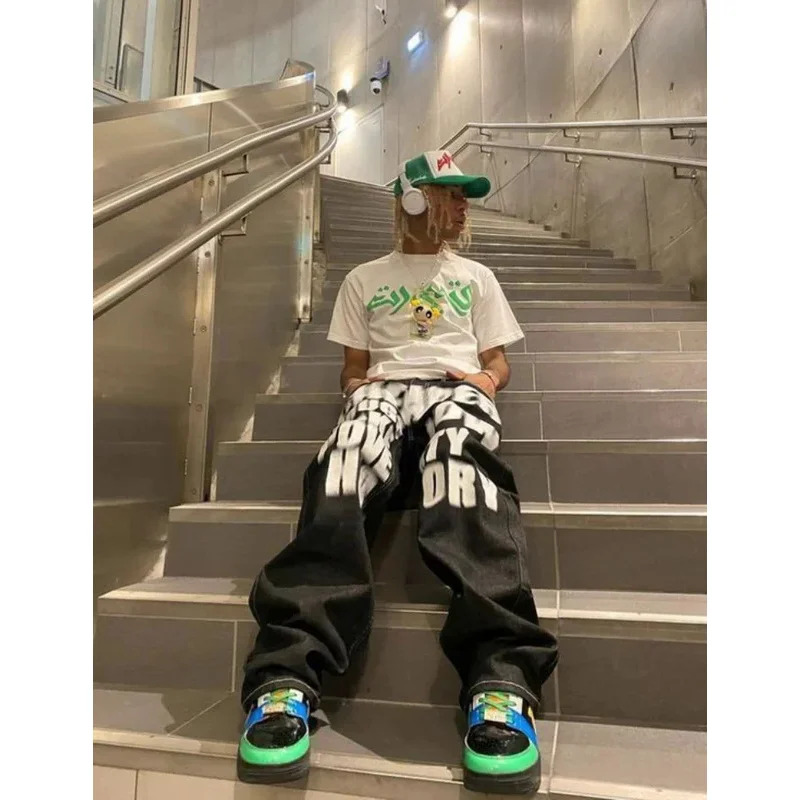Y2K Jeans Hip Hop Letter Print - Men'S Fashion Vest With Jeans ulasan dan harga