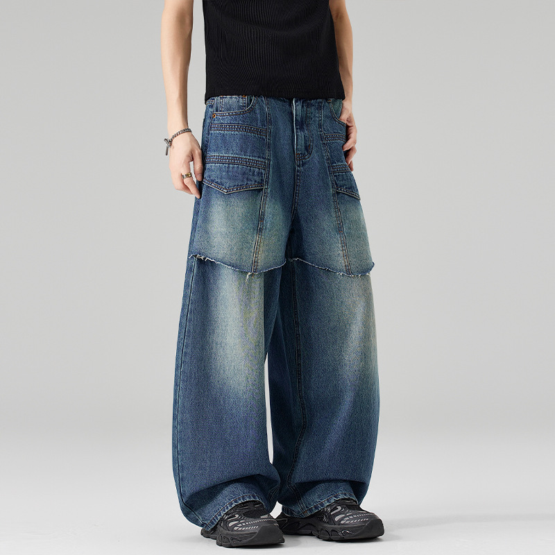 Men's Blue Spliced Casual Tren - Men'S Fashion With Baggy Jeans ulasan dan harga